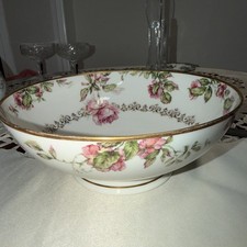 ANTIQUE HAVILAND LIMOGES SALAD SERVING FOOTED BOWL ROSE  GOLD DECOR 9  FRANCE