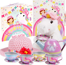 Plush Tea Party Set Unicorn - 8-Piece, Rainbow - Kids Tea Set with Rainbow Teapo