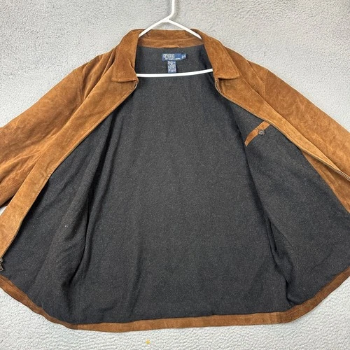 Polo Ralph Lauren Jacket Mens 2XL Suede Leather Brown Full Zip Long Sleeve EUC image 4