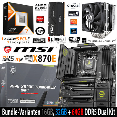 PC Bundle Ryzen 7 9800X3D MSI MAG X870E Tomahawk Wifi7  mit 16, 32 + 64GB DDR5