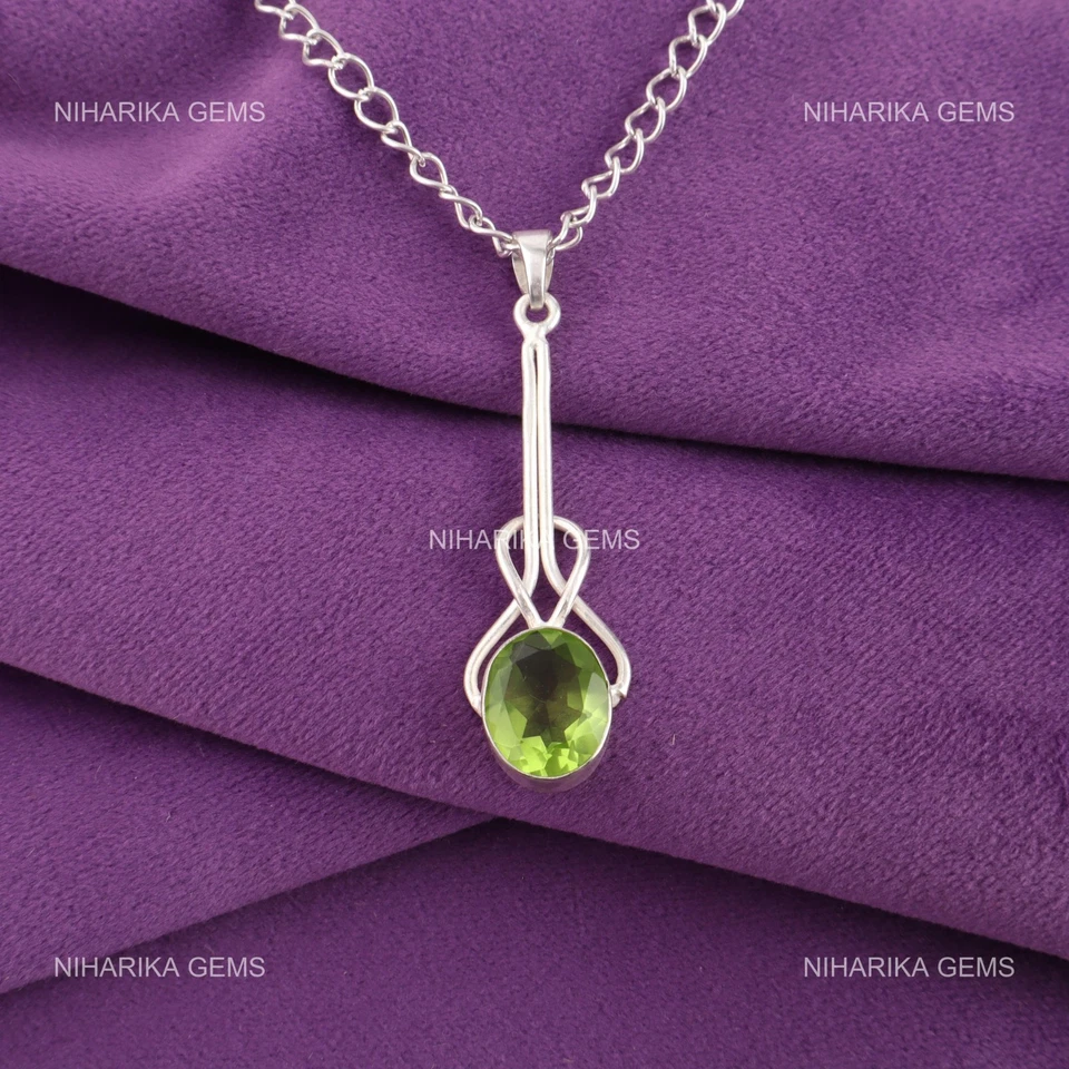 Oval Peridot Stein Sterlingsilber Verlobung Jubiläum August Anhänger Schmuck - Bild 3 von 4