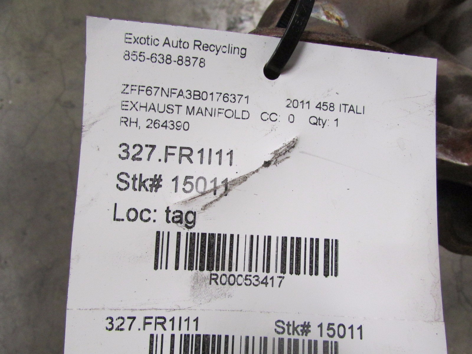 Ferrari 458 Italia, RH Right Exhaust Manifold, Used, P/N 264390, 279322