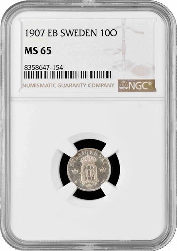 Sweden 10 ore 1907 EB, NGC MS65, "King Oscar II (1873 - 1907)" silver coin