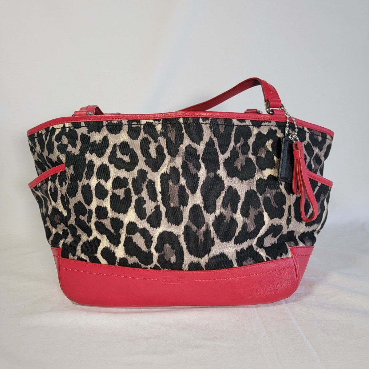 Coach Leopard Print Purse Red Black Tote Back Canvas Leather