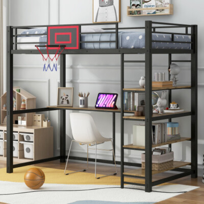 Twin Size Metal Loft Bed with Desk Storage Shelves & Basketball hoop Bed Frames