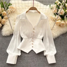 Women V-neck Crop Blouse Vintage Button Shirt Puff Retro Casual Elegant Top