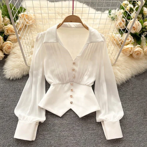 Women V-neck Crop Blouse Vintage Button Shirt Lady Puff Retro Casual Elegant Top