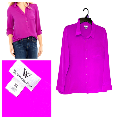 Worthington Gauze Top Size Xl Pink Popover Silk Semi Sheer Blouse Tunic Purple