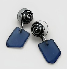 Handmade Cobalt Blue SEA GLASS 925 Sterling Spiral Post Top Dangle Earrings 4.6g