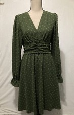 Shein Dress Size 6 Medium Green Long Sleeve Waist Band V-Neck Fit And Flare