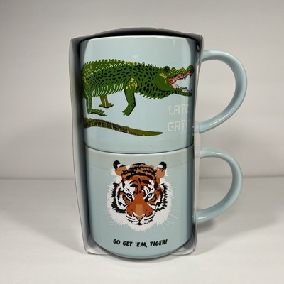 2 COFFEE MUGS  ESSENTIALS LT. BLUE  -TIGER FACE&ALLIGATOR. W/ LOGOS 15 FL OZ EA