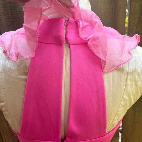 Vintage 60s BRIGHT PINK Empire MAXI Dress Ruffle Neck sz S 4 - Picture 7 of 8