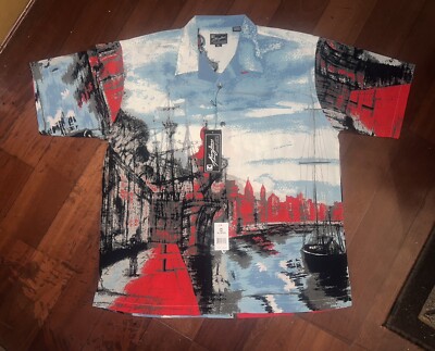 Vintage Karl Kani Water Scene Red Button Up Shirt Hip Hop Streetwear Sz. XL
