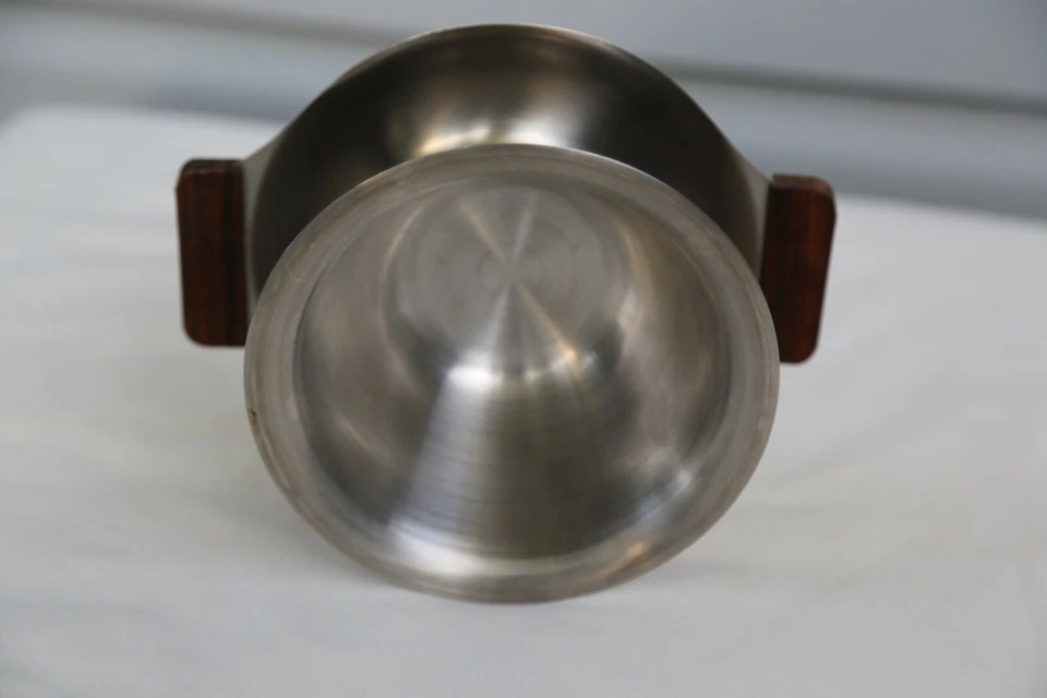 Placa de cuenco de acero inoxidable vintage MCM INTERPUR 18-8 asas de madera de teca JAPÓN Foto 3 de 4