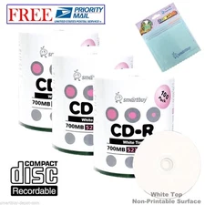 300 Pack Smartbuy 52X CD-R 700MB White Top Record Disc + FREE Micro Fiber Cloth