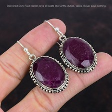 925 Sterling Silver Oval Natural Kashmir Rubi Boho Vintage Dangle Bezel Earrings
