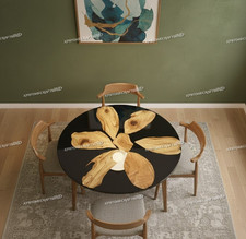 Sunburst Olive Wood River Table - Runder Esstisch aus schwarzem Epoxidharz