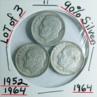 Lot of 3 Roosevelt Dimes 90% Silver 1952-1964-1964- VG Condition Look@ & Judge *