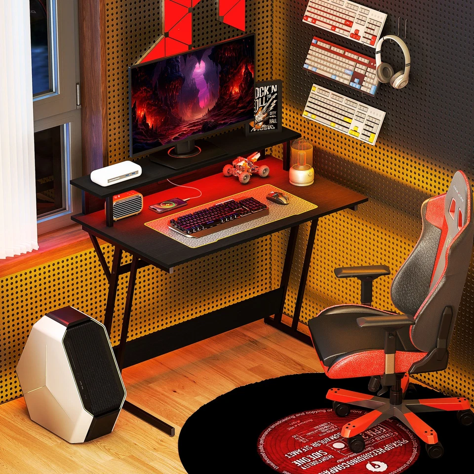HOMCOM Scrivania Gaming con Luci LED e Supporto Monitor in Legno e Acciaio Nero - Immagine 3 di 4