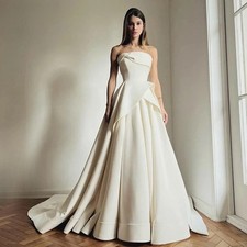 Strapless Ball Gown Pleated Fold Detail Minimalist Chapel Train Wedding Dress