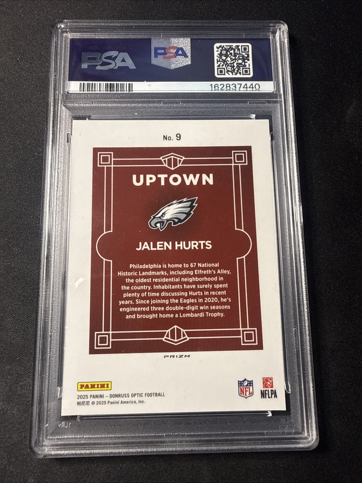 2025 Panini Donruss Optic Jalen Hurts Uptown #9 Eagles PSA 8 NM-MT view 3