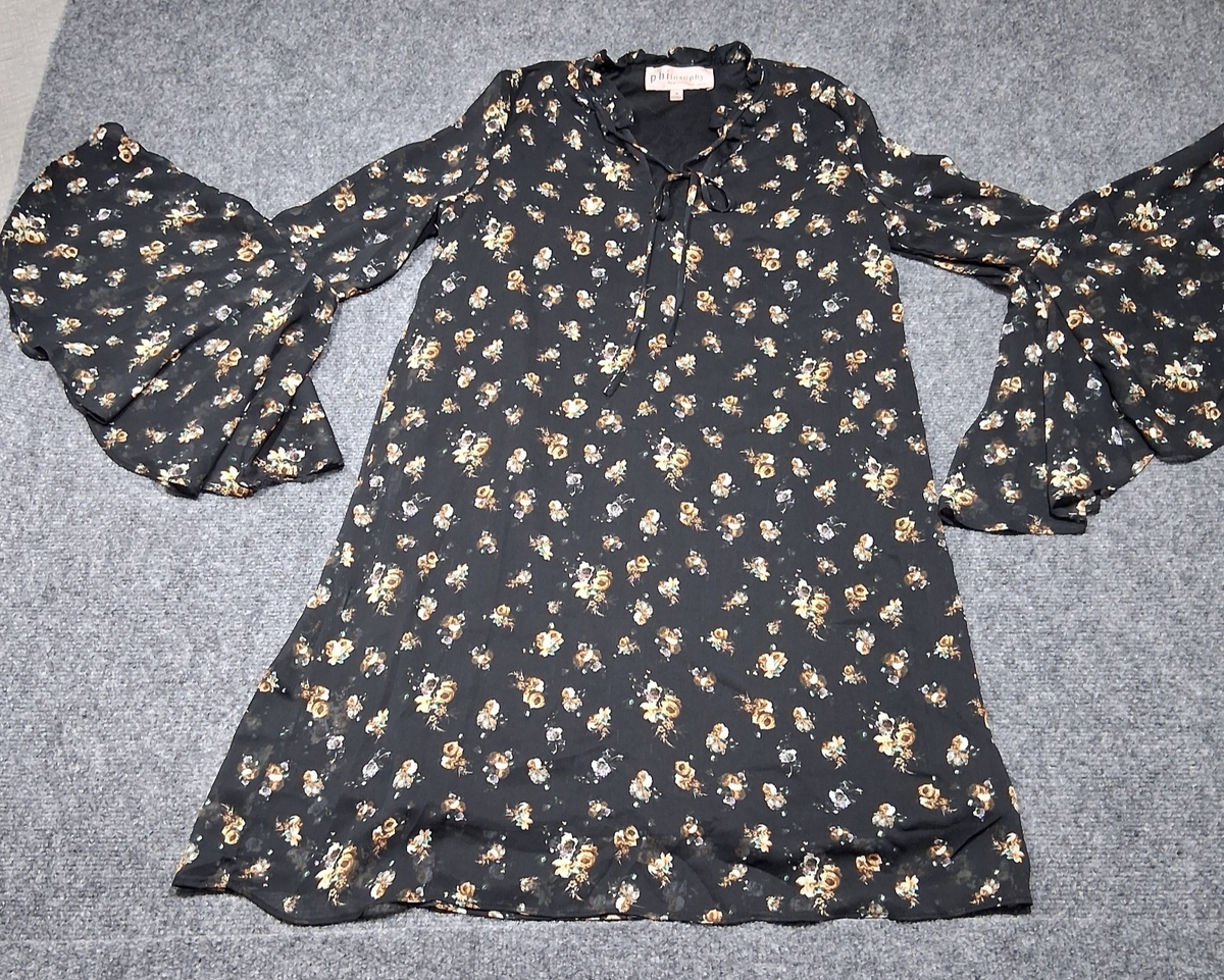 Philosophy Dresses Women's Black Floral Shift Dress Size M Flute Sleeves | eBay Philosophy Dresses Women's Black Floral Shift Dress Size M Flute Sleeves | eBay