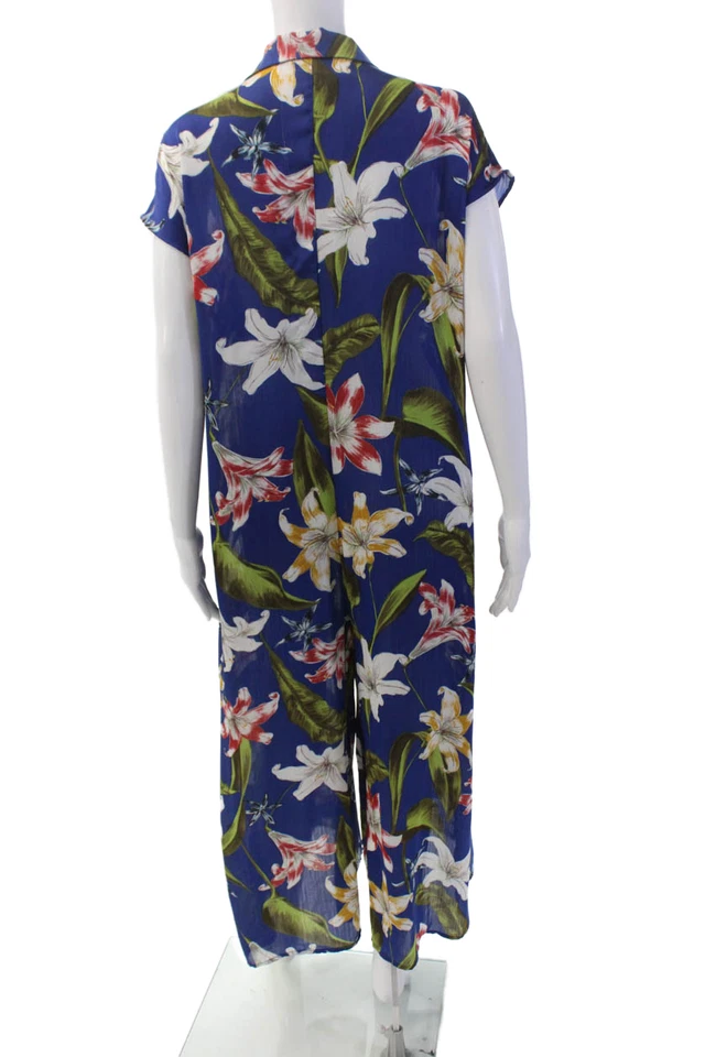 Женский комбинезон Zara с коротким рукавом с воротником и цветочным узором синий разноразмерный маленький - Изображение 3 из 4