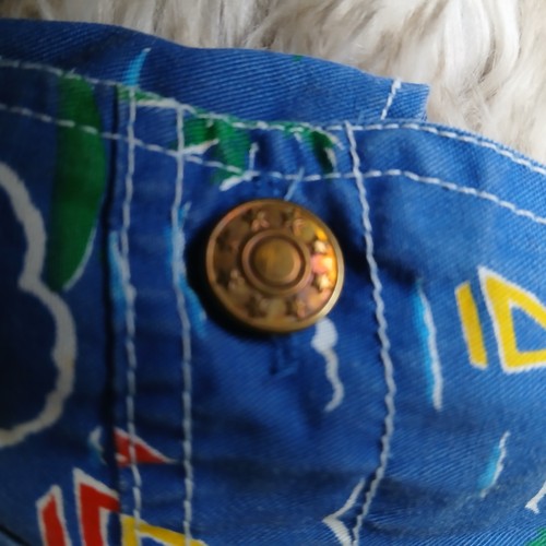 Salopette pantaloncino bambino vintage anni 80 3T made in Hong Kong blu barca a vela palma - Foto 8 di 11