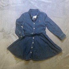 Ralph Lauren Denim Dress Girls 4/4T Long Sleeve Button Down Belted Flesh Pony