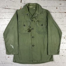Vintage 60s 70s US Army OG 107 Green Canvas Fatigue Shirt Button Up Size Medium