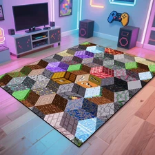 Block Game Rug Teen Boys Carpet with Pixel Games Element Decoration Mat, Cube Bl