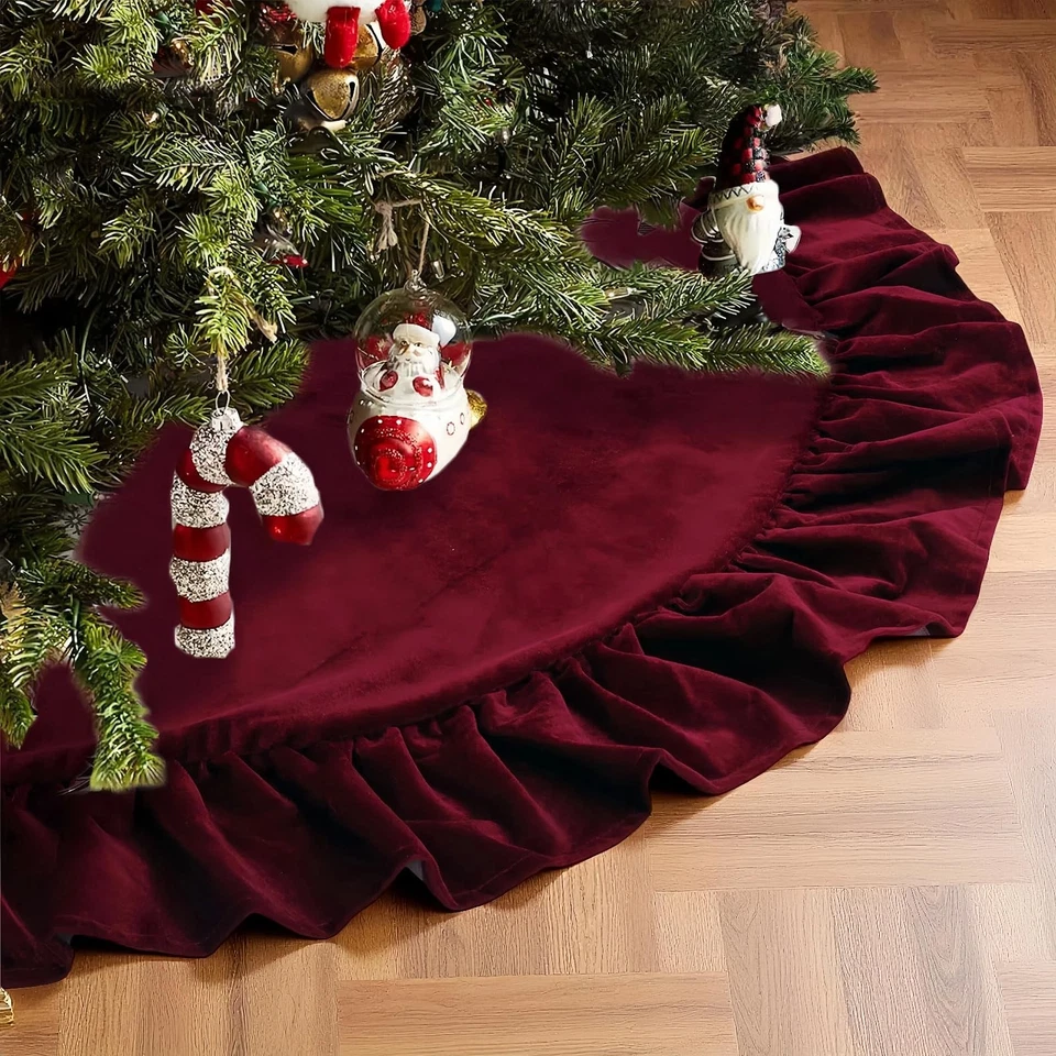 48-Inch Red Velvet Christmas Tree Skirt – Ruffled Holiday Tree Skirt - Image 4 of 4