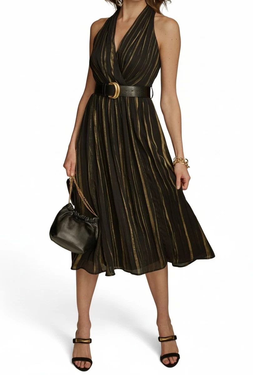 slim fit dress slacks Sleeveless V Neck Midi Tie Front Dress | Fit and Flare main image 0