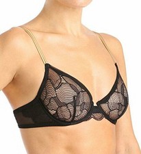 La Perla Lace Fantasy Iris 32B XS Full Cup Bra Thong Panty Set Black Bronze
