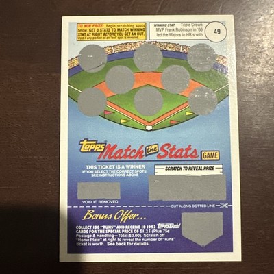 Frank Robinson  1992 Topps Match the Stats Game 49 HR Card Baltimore Orioles