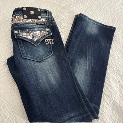 Miss Me Easy Boot Rhinestone Studded Sequin Blue Jeans Women's 29w-33L. JE5731BL
