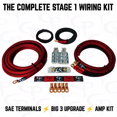 GP 1/0 AWG GAUGE PURE COPPER AMP KIT, BIG 3 Kit & BATTERY TERMINALS RED BLACK 