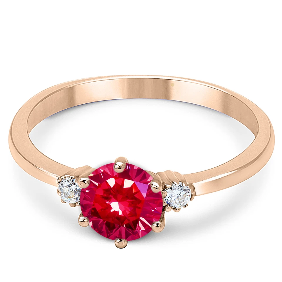 14K Solid Pink Rose Gold Lab Created Ruby Three Stone Engagement Ring - Image 2 of 4