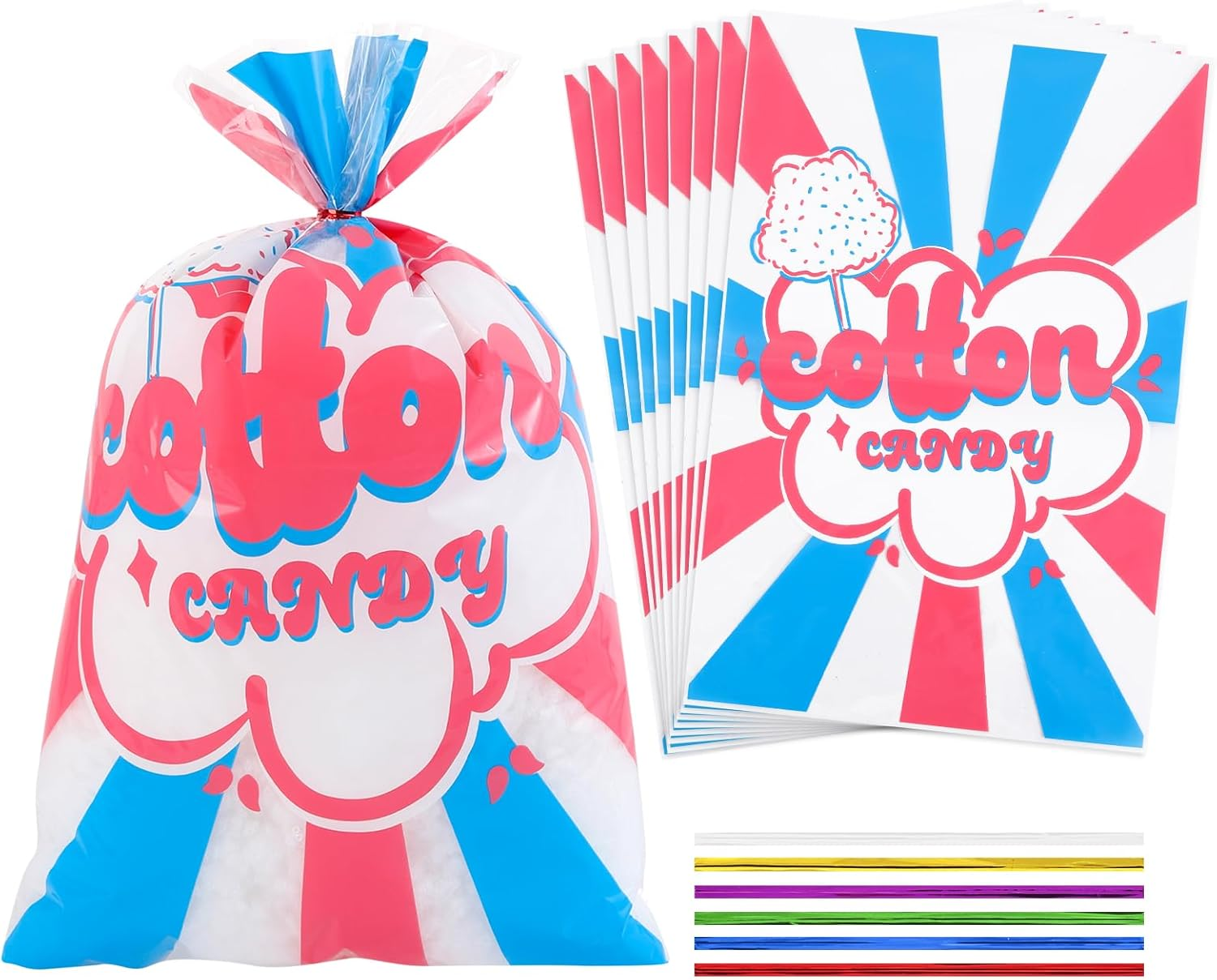 400 Pcs Carnival Cotton Candy Bags with Ties Large Bags Clear Bags for Cotton Ca