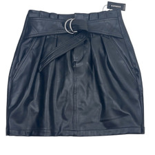 Express Women's Belted Mini Skirt NWT Faux Leather D Ring Pockets Zip Black Size