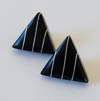Vintage Sterling Silver Modernist Geometric Mexico Onyx Inlaid Triangle Earrings