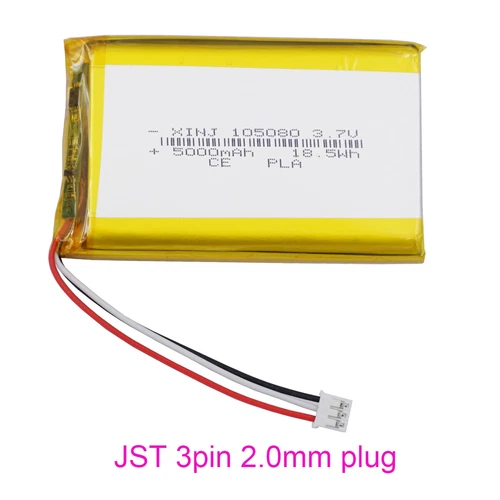 3.7V 5000mAh 18.5Wh Polymer Li Battery 105080 Li-pol JST-PH 2.0mm Connector Plug