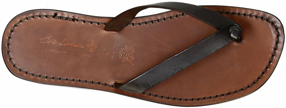 手工制作深棕色皮革丁字裤男式人字拖凉鞋 意大利制造 — 第 3/4 张图片
