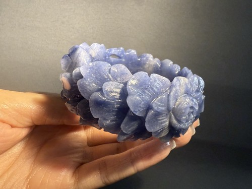59.6mm Rare Natural Blue-Dongling Jade Sculpture /Fine Hand-Carved Peony - Picture 6 of 12