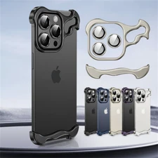 For iPhone 16 15 14 13 Pro Max Metal Aluminum Corner Frameless Cover + Lens Case
