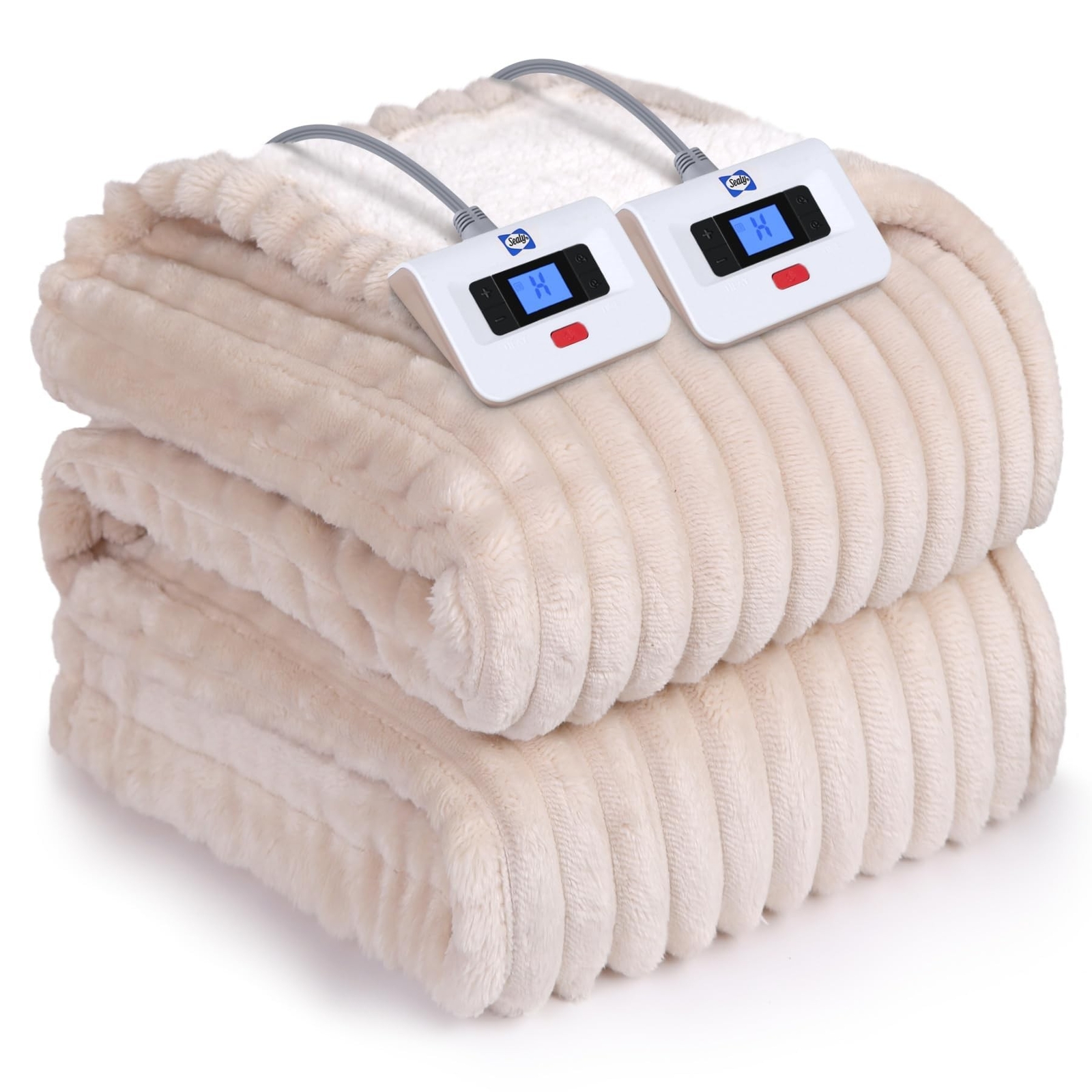 Sealy Queen Electric Blanket Reversible Soft Ribbed Flannel to Sherpa-image