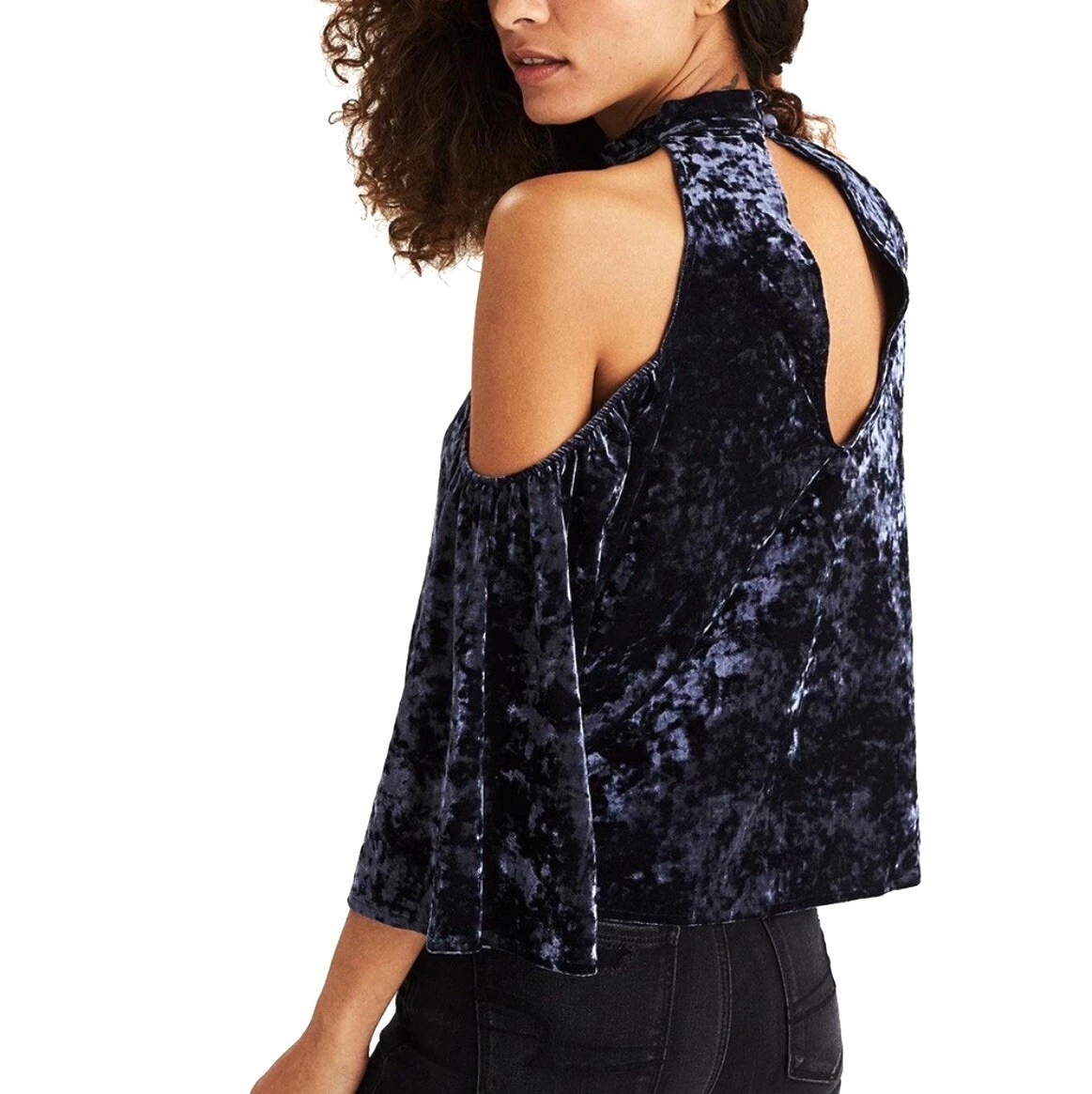 American Eagle Navy Blue Crushed Velvet Cold Shoulder Choker Wide Sleeve Top S