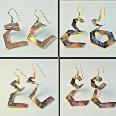 Cloisonné Pendantes Oreilles or Jaune 18kt Octogone Goutte Blanc Émail Noir New - Photo 1/3