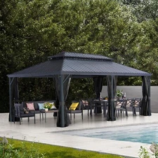 LeDoasis12'X20 'HardtopGazebo Double Roof,Curtain&Netting,Built-in gutter system
