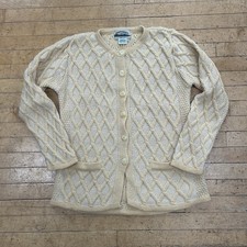 Vintage Aran Crafts XS Irish Sweater Cardigan HoneyComb Wool Cream Fisherman